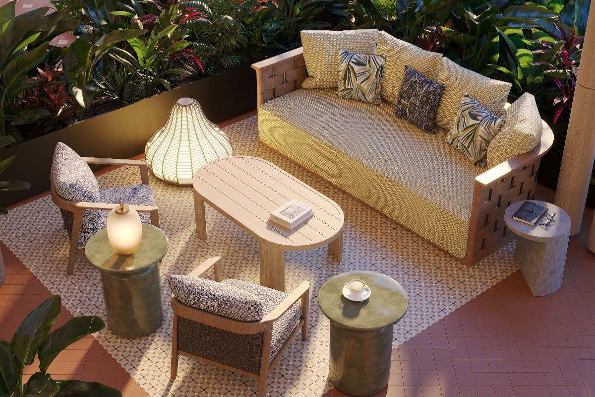 Cozy outdoor lounge at Shang Bauhinia Residences with tropical greenery, elegant seating, warm lighting, and relaxed community spaces