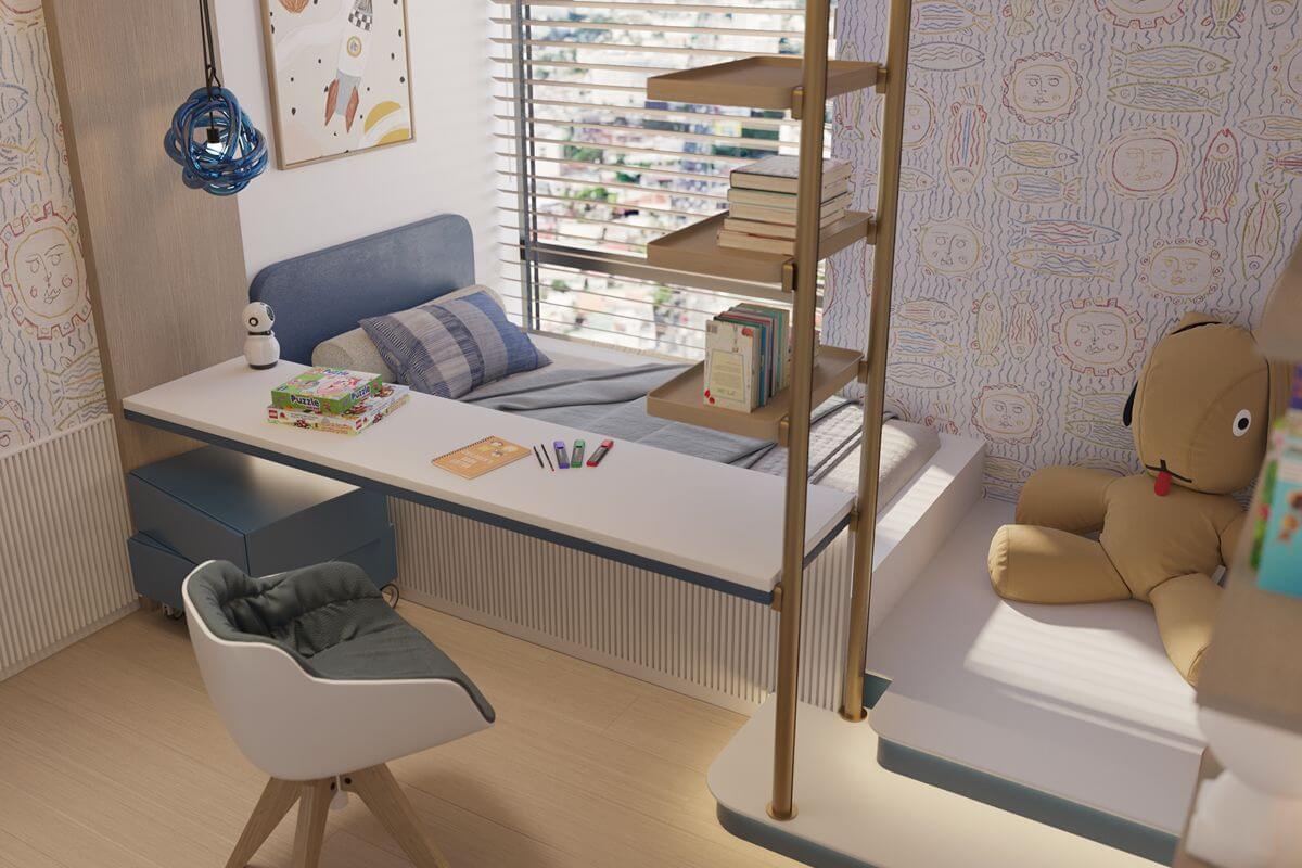 Child-friendly bedroom and study area with a desk, built-in shelving, seating, and flexible space for learning and play